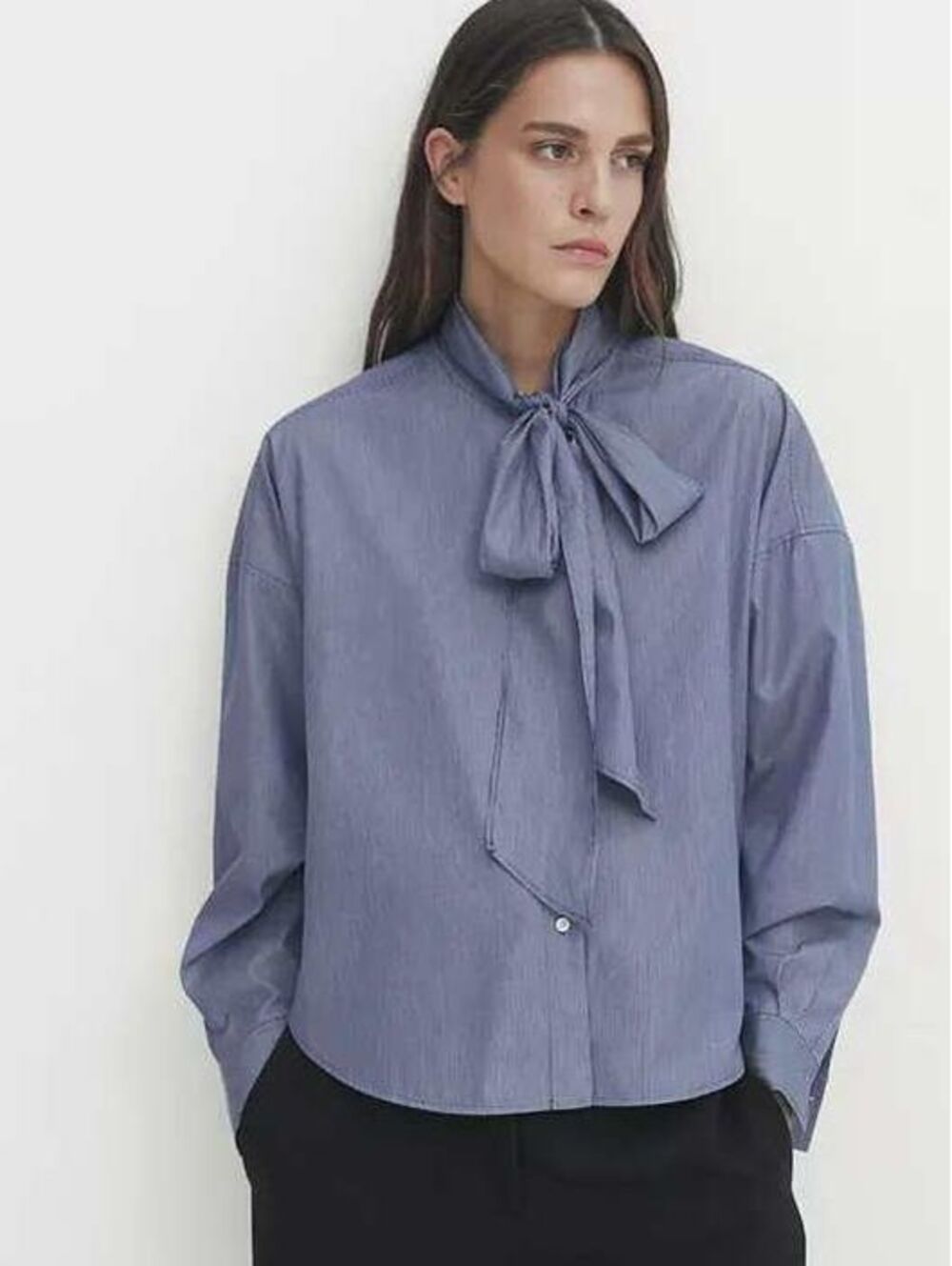 Massimo Dutti Women's Striped Tie-Neck Bow Oversized Blouse Sz Small